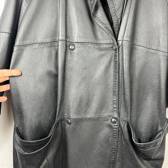 Vintage Leather Double Breast Longline‎ Coat Unisex XL Slouchy Distressed Baggy - Picture 3 of 16